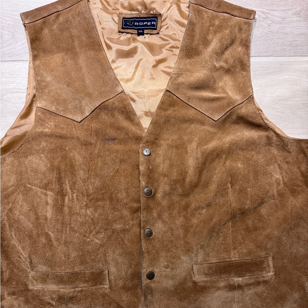 Roper Brown/Tan Full Suede Button Snap Closure Vest Men's 2XL - Picture 3 of 7